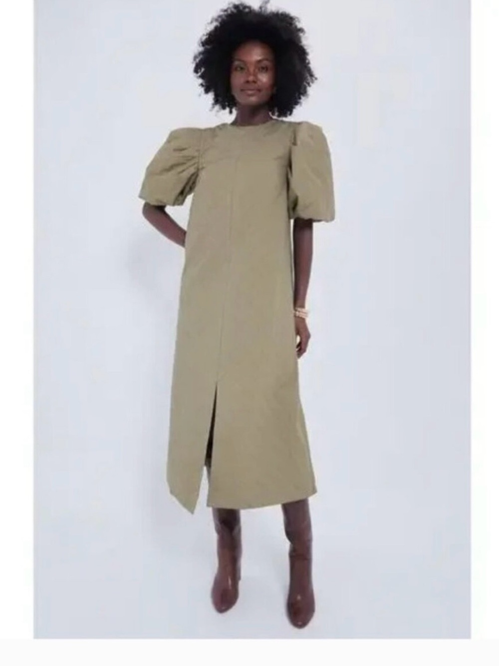 Hyacinth House TuckerNuck Olive Quilted Fowler Midi Puff Sleeve Dress Size Small